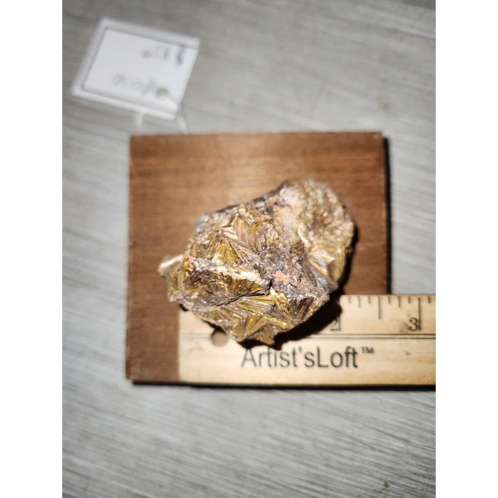 Pyrophyllite Crystal Mineral Specimen on Mahogany Wood Base Golden Bronze Luster